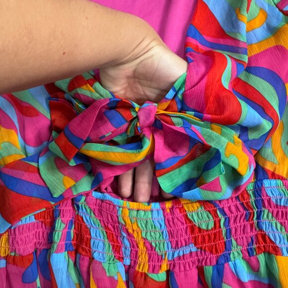 Vibrant Casual Swing Skater Mini Tiered Dress Disco/Retro Tie Dye Pattern - Picture 3 of 4